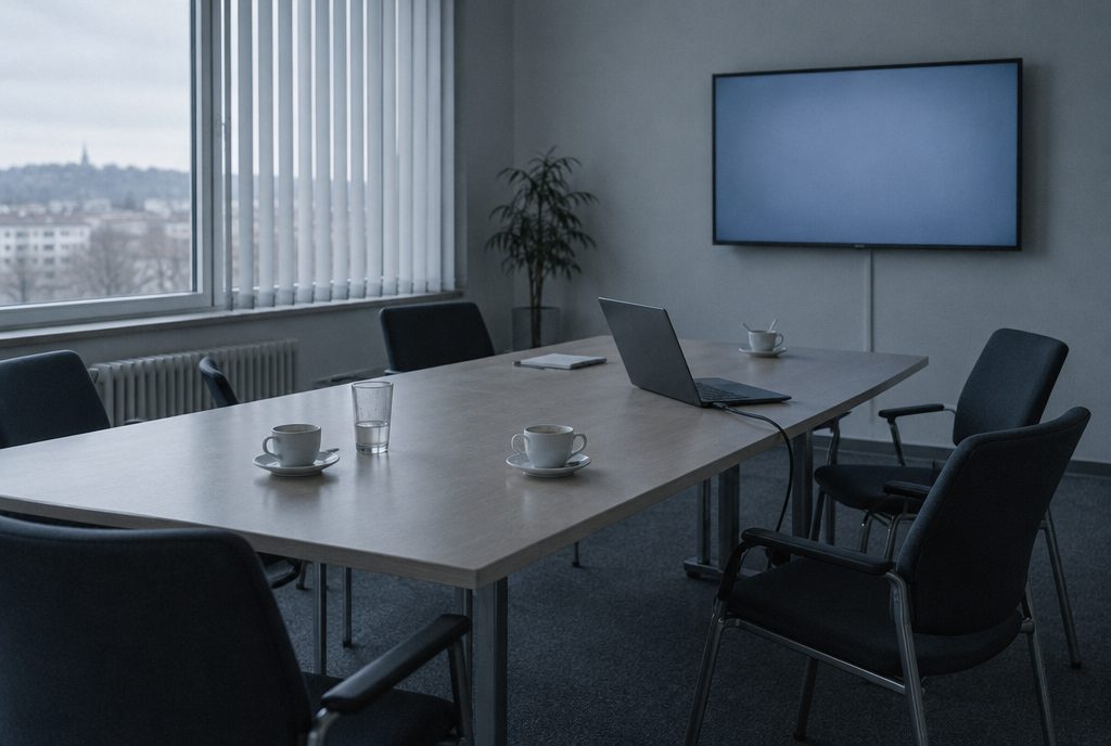 An empty meeting room after a presentation: chairs pushed back, used cups on the table, a laptop still plugged in and a wall screen still switched on.