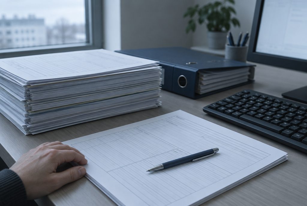 A desk in an insurance office: a tall stack of paper claim forms and a ring binder beside a keyboard, one form open with a pen on it.
