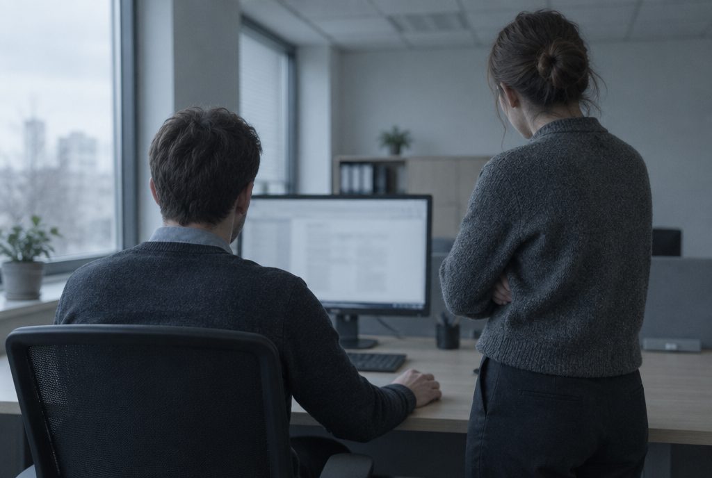 Two colleagues at one desk reviewing something on a monitor together, seen from behind.