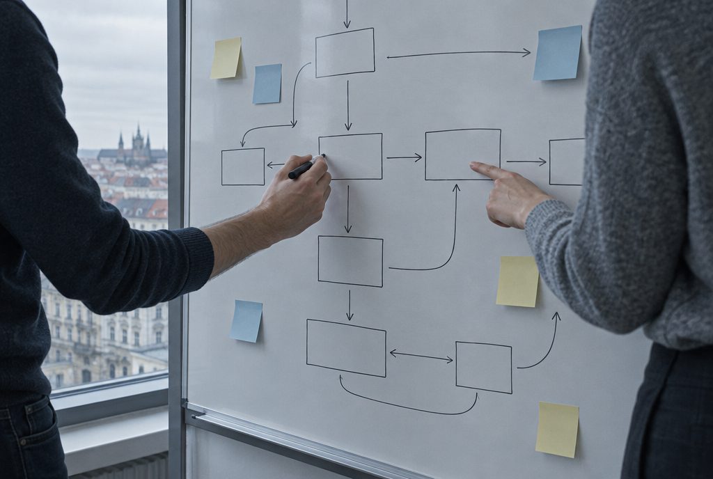 Two people at a whiteboard mapping a process as boxes and arrows, with sticky notes alongside.
